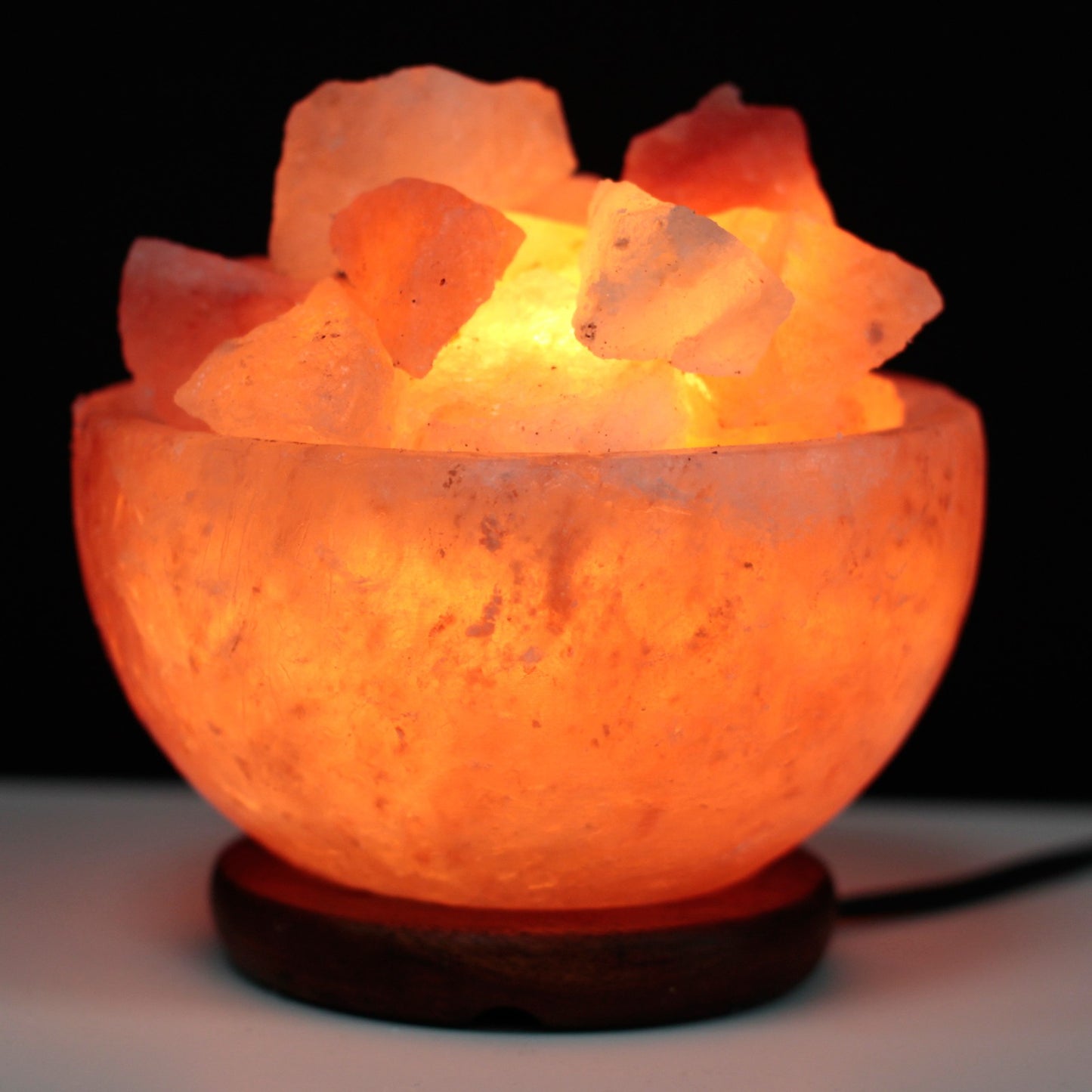 Sculpted Pink Himalayan Salt Lamp – Fire Bowl | Natural Rocks in Polished Crystal Salt with Wooden Base