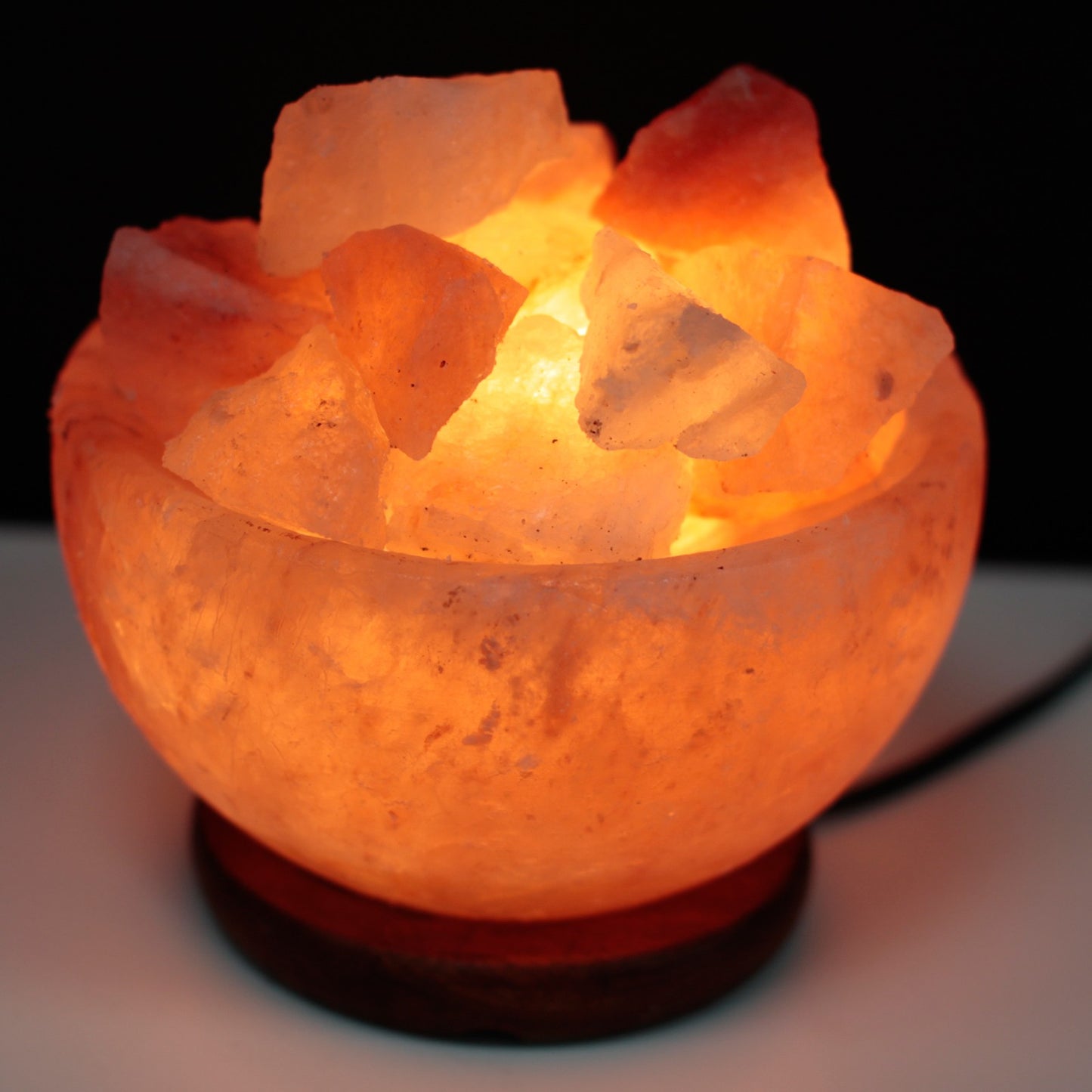Sculpted Pink Himalayan Salt Lamp – Fire Bowl | Natural Rocks in Polished Crystal Salt with Wooden Base