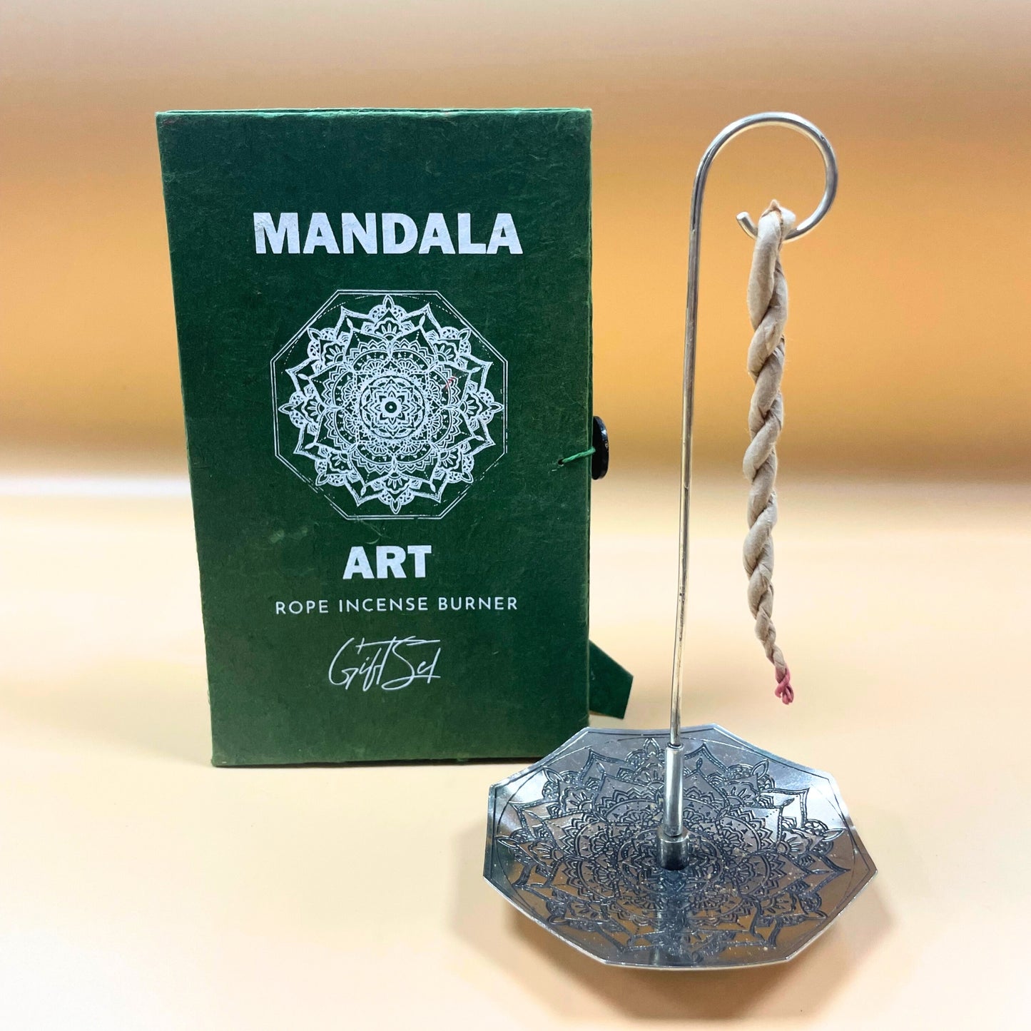 Himalayan Rope Incense + Silver-Plated Holder Set – Mandala Art | 10 Hand-Rolled Ropes with Wild Herbs from Nepal