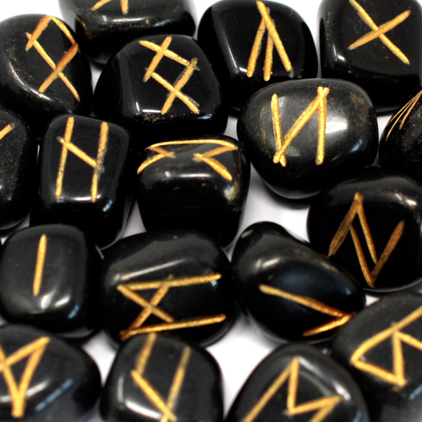 Black Agate Rune Stone Set – 25 Pieces | Engraved Crystals for Divination & Insight