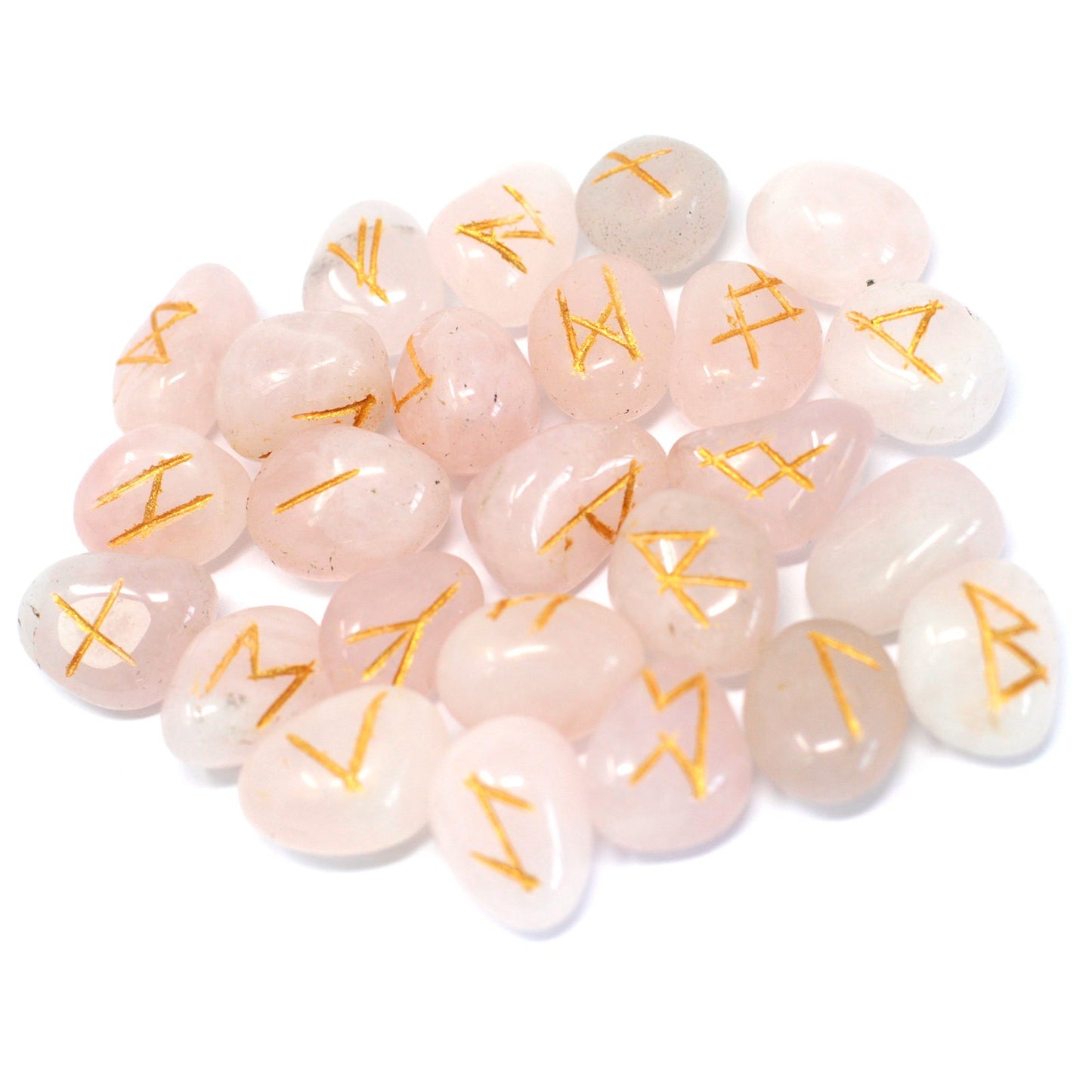 Rose Quartz Rune Stone Set – 25 Pieces | Engraved Crystals for Divination & Insight