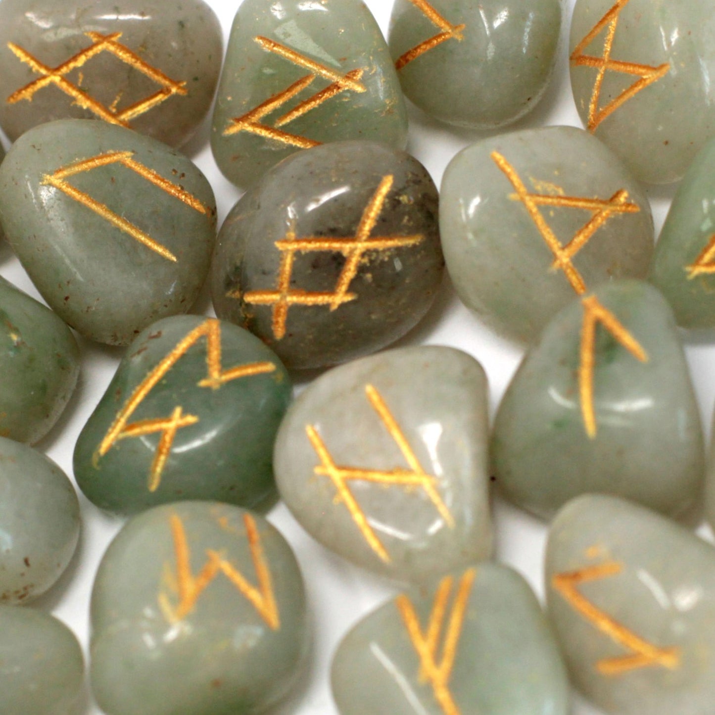 Green Aventurine Rune Stone Set – 25 Pieces | Engraved Crystals for Divination & Insight