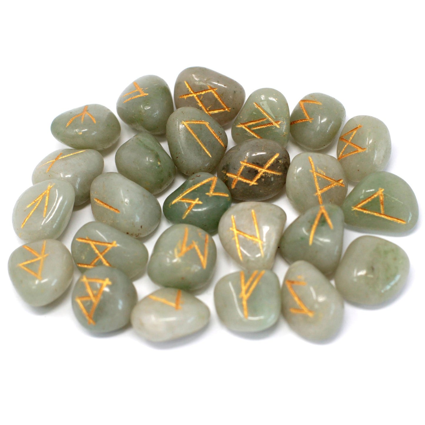 Green Aventurine Rune Stone Set – 25 Pieces | Engraved Crystals for Divination & Insight
