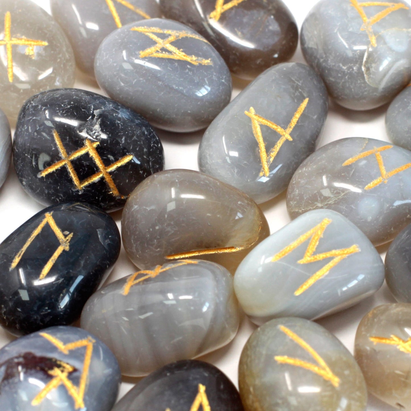 Grey Agate Rune Stone Set – 25 Pieces | Engraved Crystals for Divination & Insight