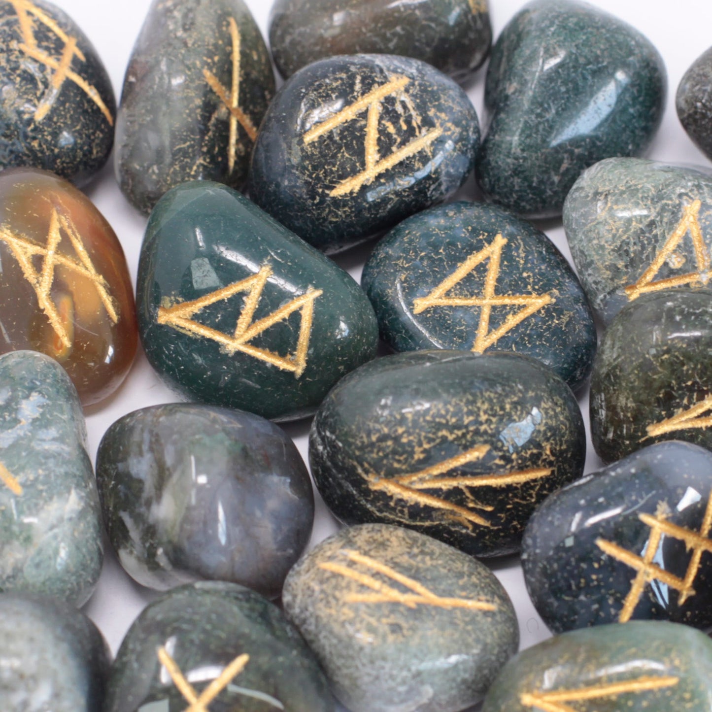 Moss Agate Rune Stone Set – 25 Pieces | Engraved Crystals for Divination & Insight