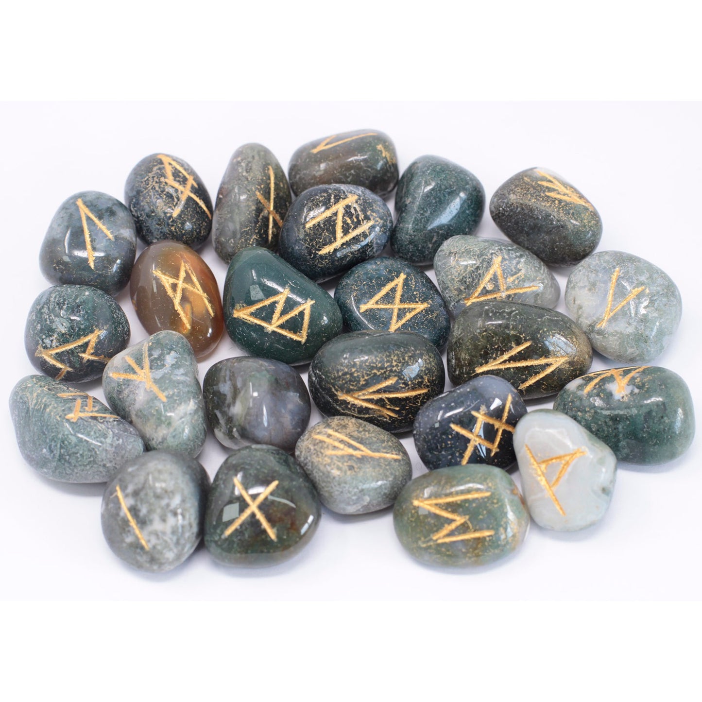 Moss Agate Rune Stone Set – 25 Pieces | Engraved Crystals for Divination & Insight