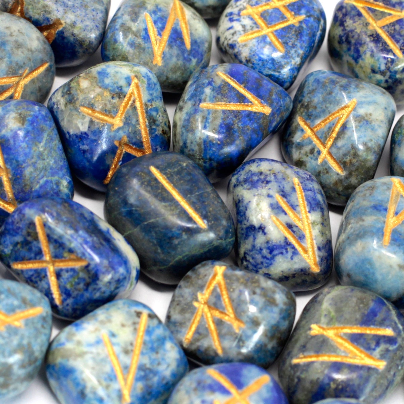 Lapis Lazuli Rune Stone Set – 25 Pieces | Engraved Crystals for Divination & Insight