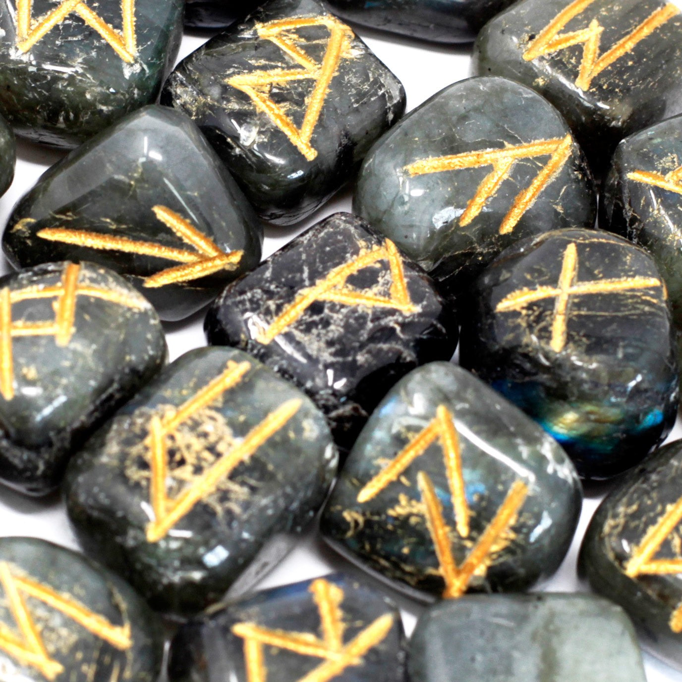 Labradorite Rune Stone Set – 25 Pieces | Engraved Crystals for Divination & Insight