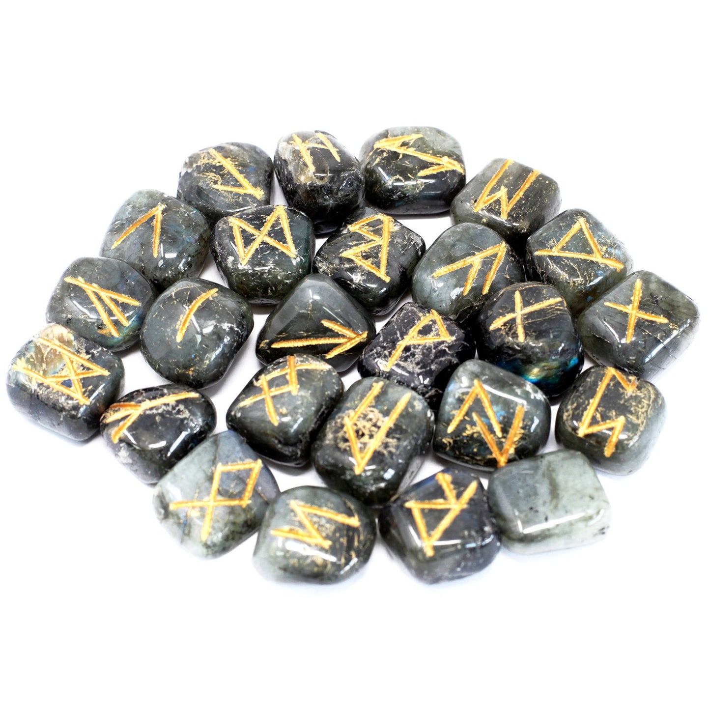 Labradorite Rune Stone Set – 25 Pieces | Engraved Crystals for Divination & Insight