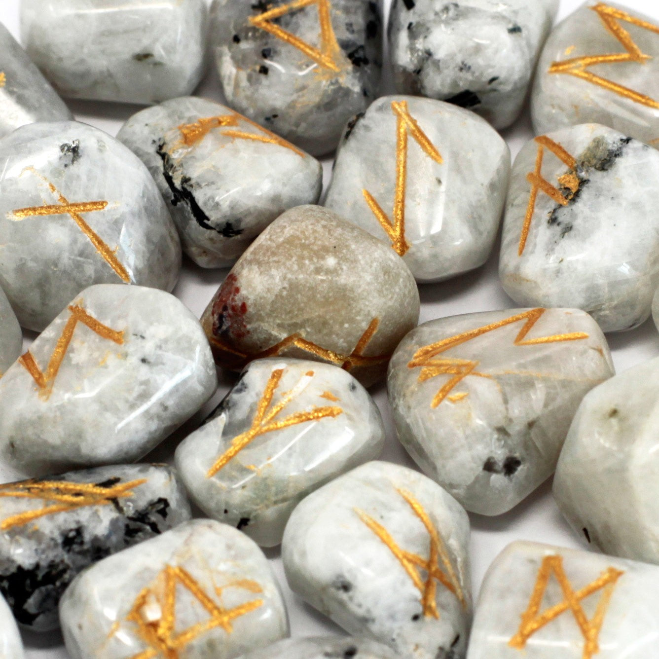 Rainbow Moonstone Rune Stone Set – 25 Pieces | Engraved Crystals for Divination & Insight