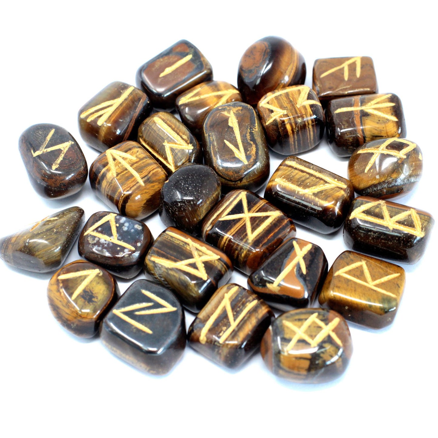 Tiger's Eye Rune Stone Set – 25 Pieces | Engraved Crystals for Divination & Insight