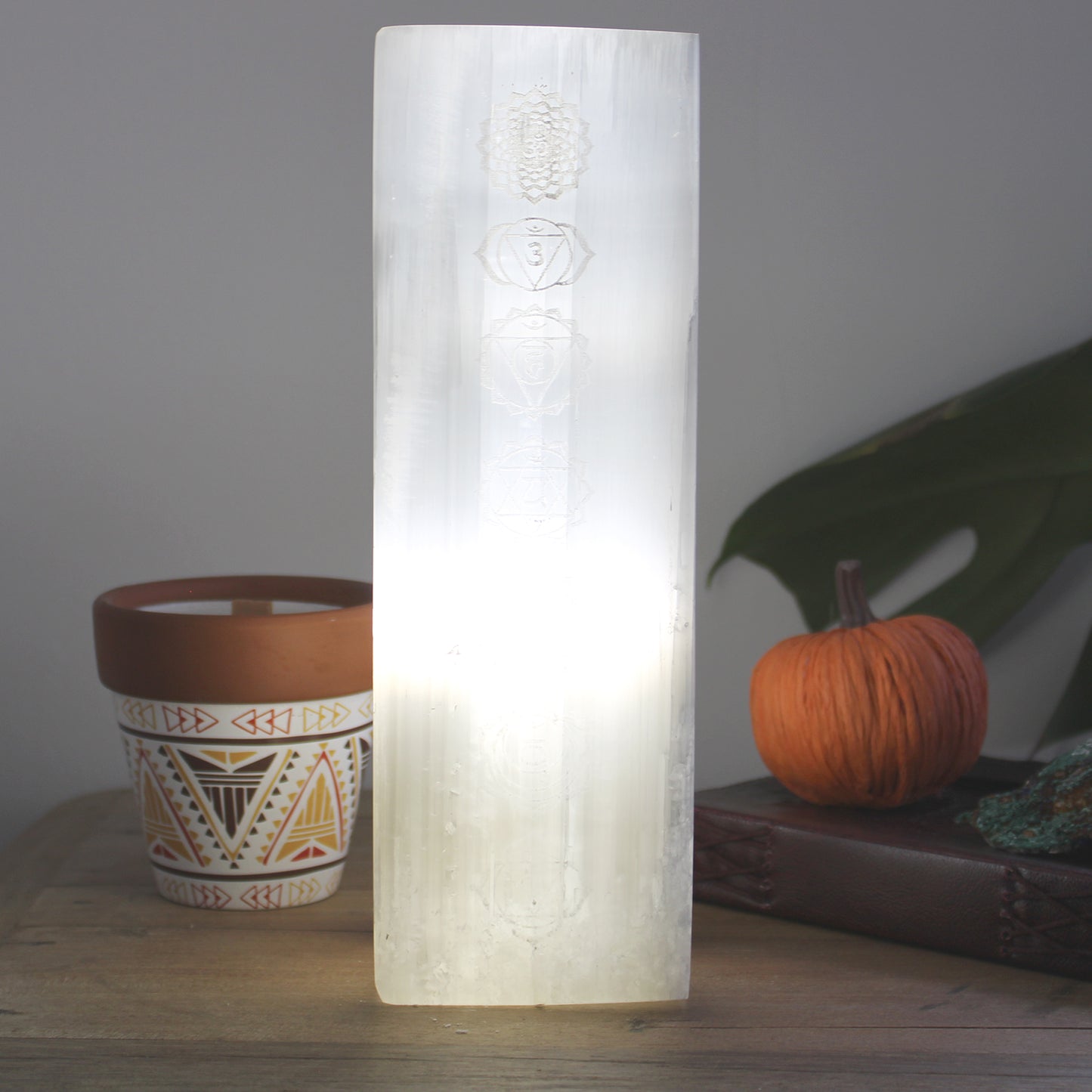 Selenite Block Lamp – Seven Chakras | Hand-Carved Natural Crystal Light