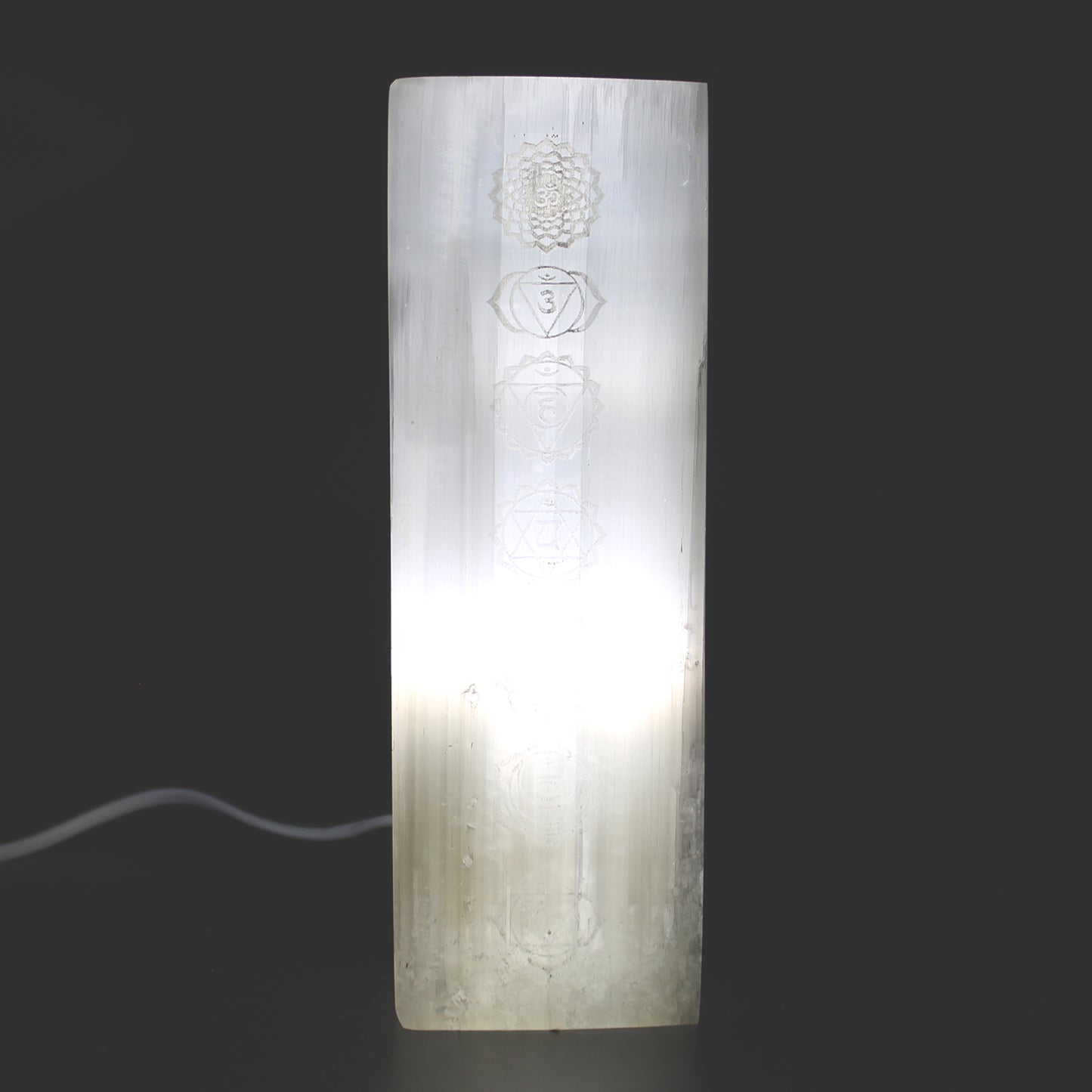 Selenite Block Lamp – Seven Chakras | Hand-Carved Natural Crystal Light