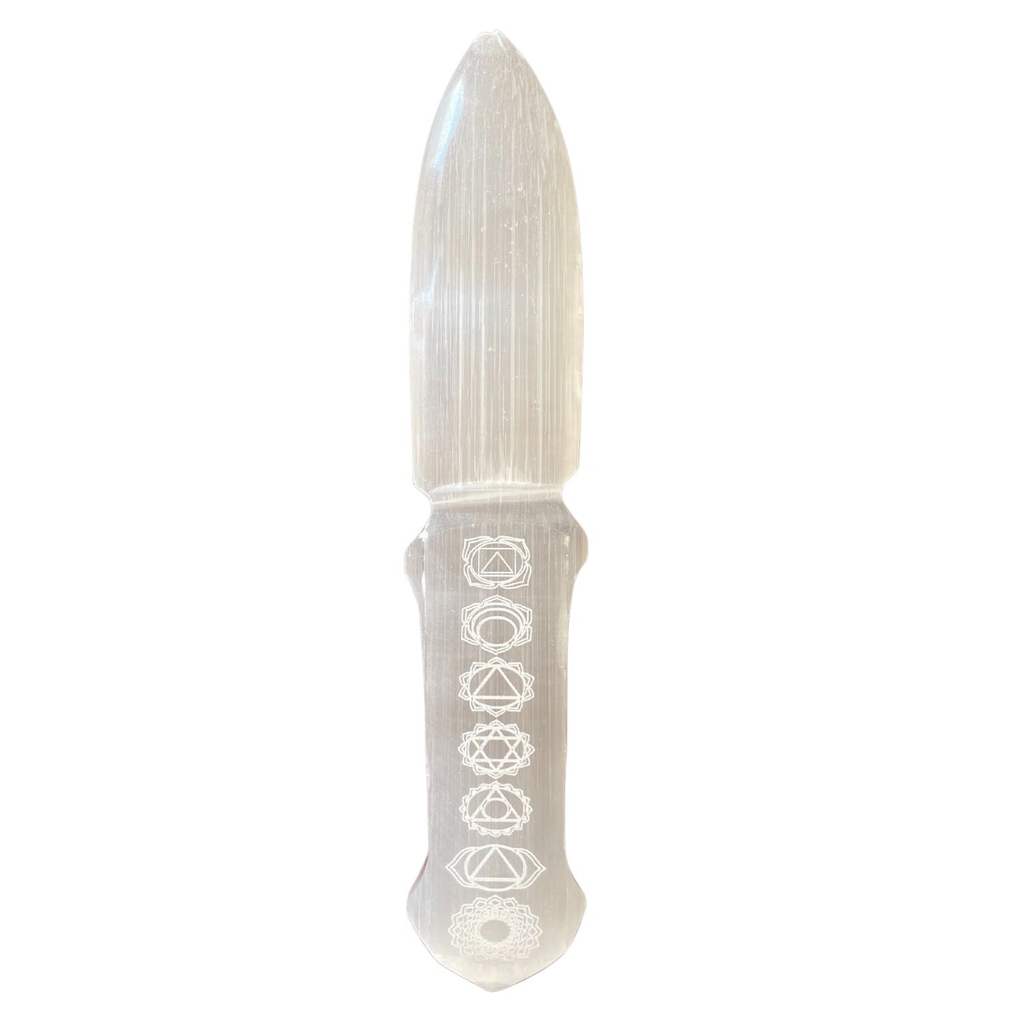 Selenite Ceremonial Knife – Seven Chakra Design | Ritual Display Piece