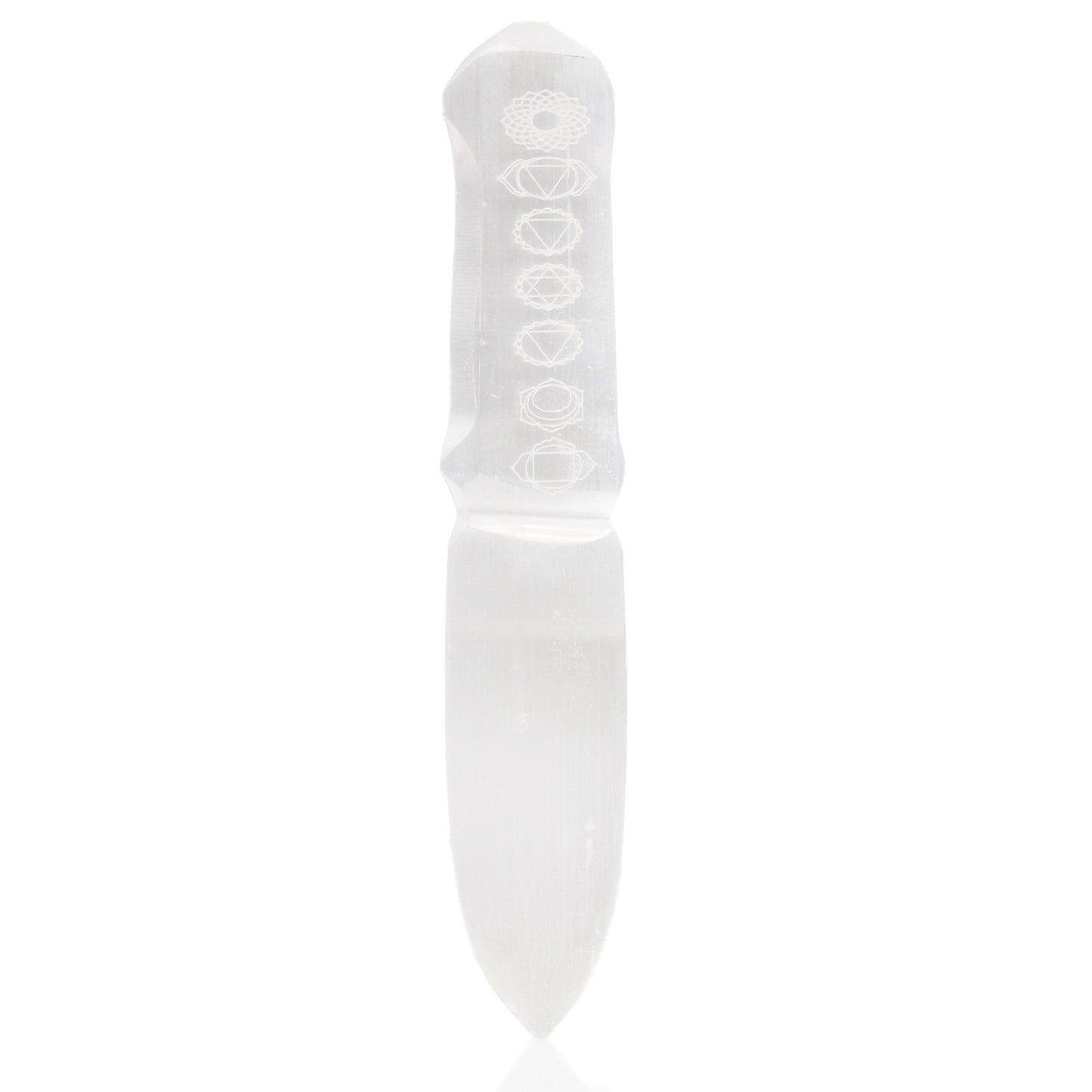 Selenite Ceremonial Knife – Seven Chakra Design | Ritual Display Piece