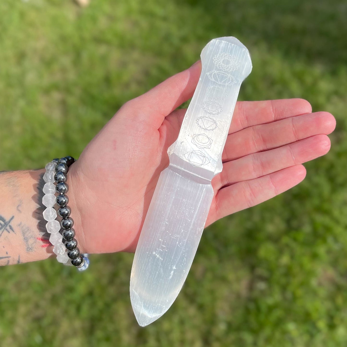 Selenite Ceremonial Knife – Seven Chakra Design | Ritual Display Piece