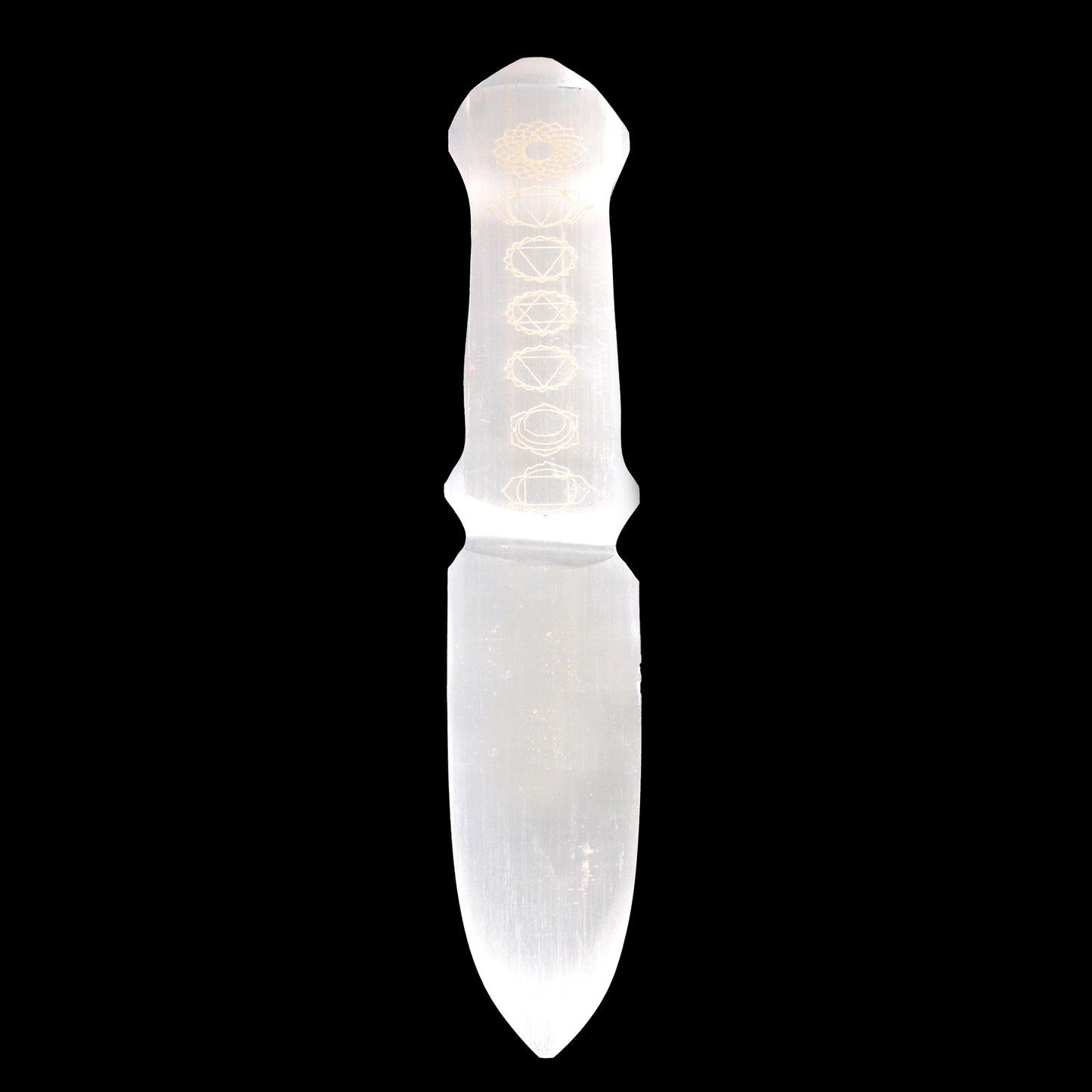 Selenite Ceremonial Knife – Seven Chakra Design | Ritual Display Piece