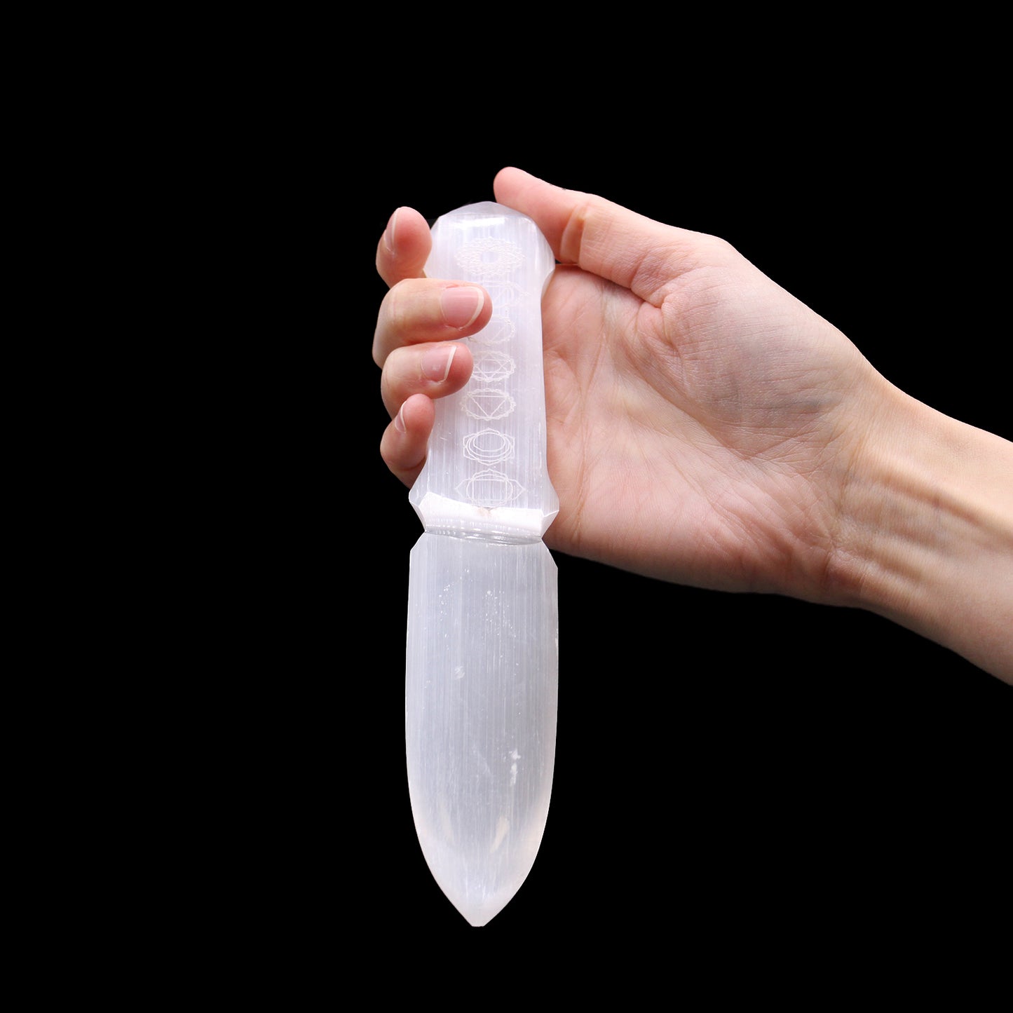 Selenite Ceremonial Knife – Seven Chakra Design | Ritual Display Piece