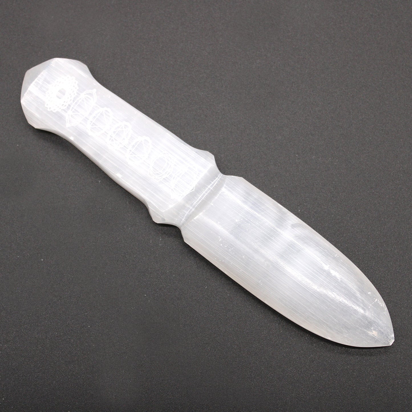 Selenite Ceremonial Knife – Seven Chakra Design | Ritual Display Piece