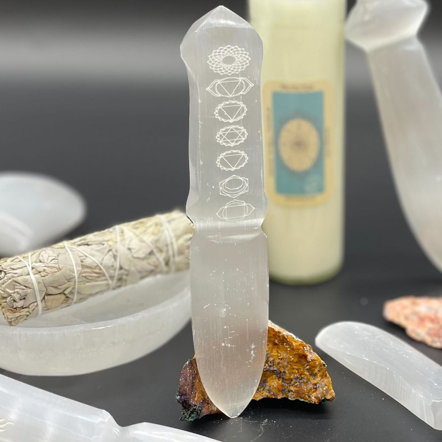 Selenite Ceremonial Knife – Seven Chakra Design | Ritual Display Piece
