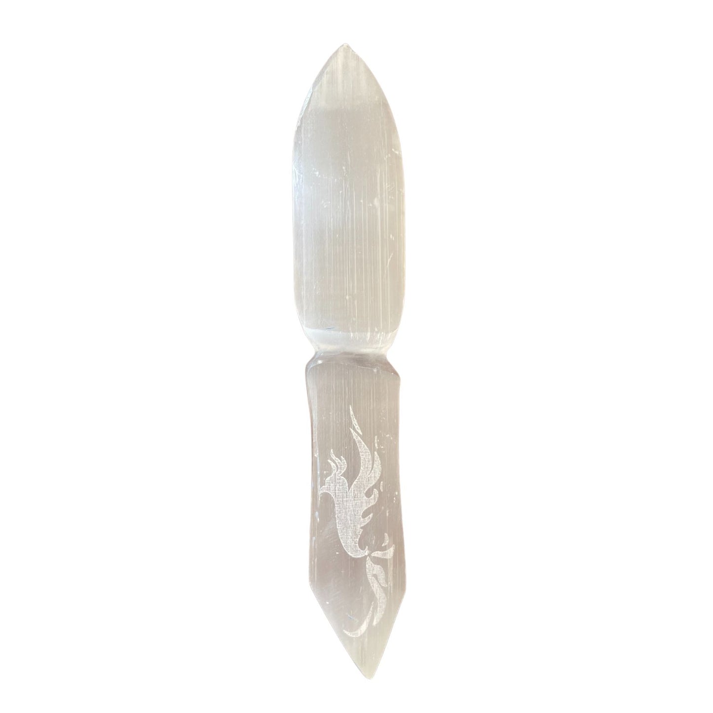 Selenite Ceremonial Knife – Phoenix Design | Ritual Display Piece
