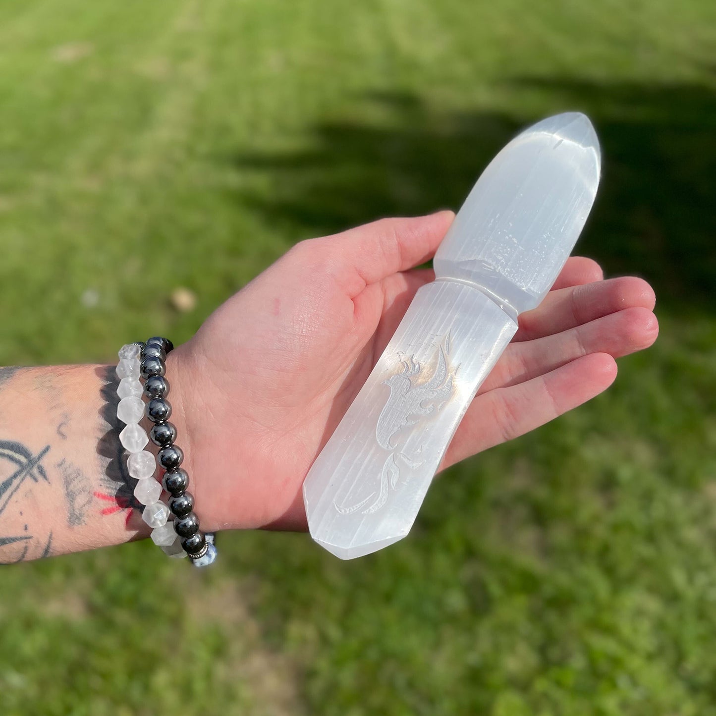 Selenite Ceremonial Knife – Phoenix Design | Ritual Display Piece