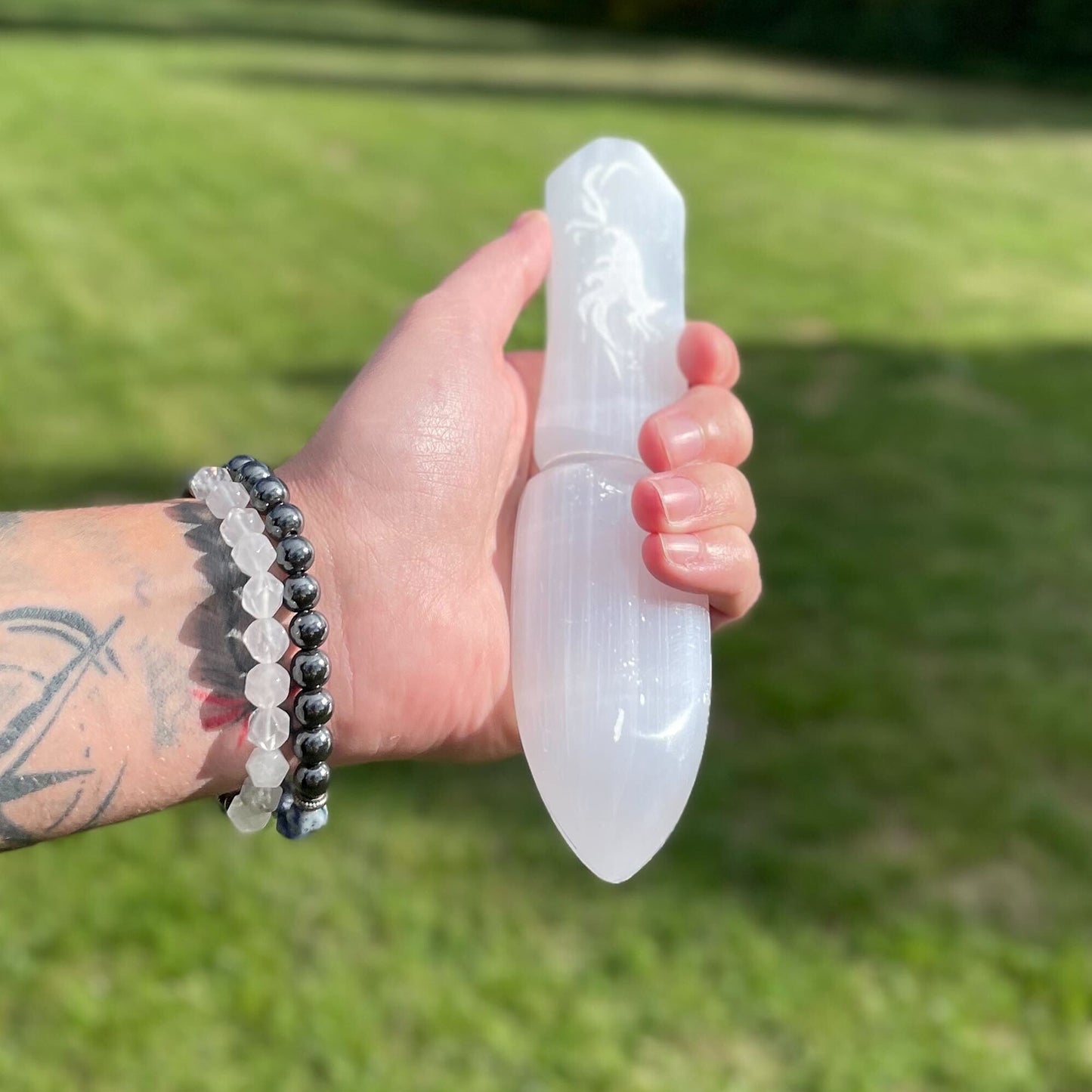 Selenite Ceremonial Knife – Phoenix Design | Ritual Display Piece