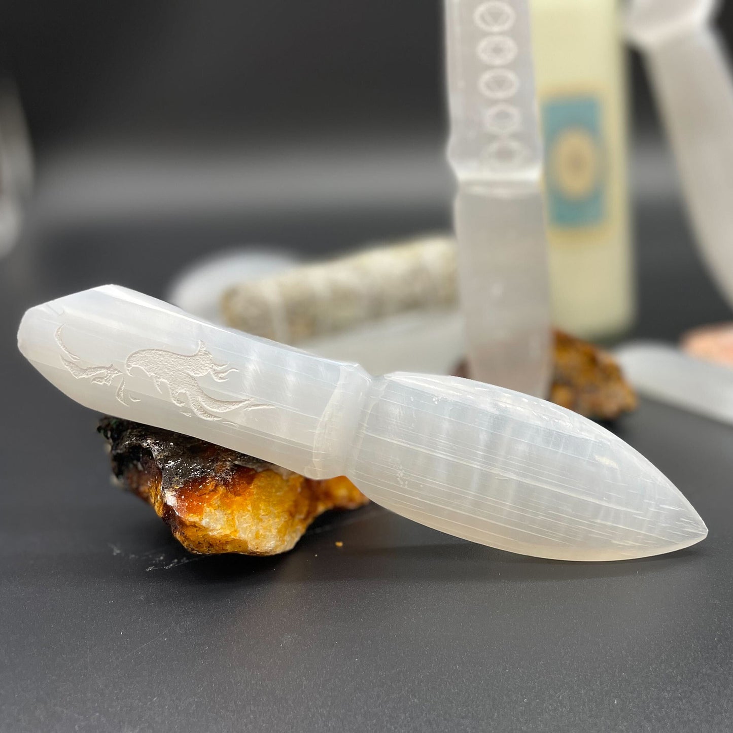 Selenite Ceremonial Knife – Phoenix Design | Ritual Display Piece