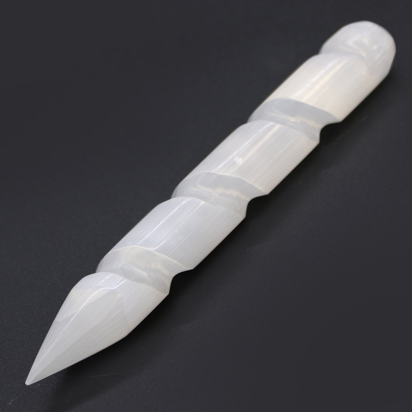 Spiral Selenite Wand – Single Pointed End | Carved Crystal Display Piece