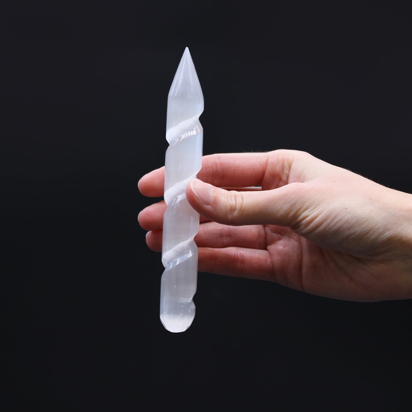 Spiral Selenite Wand – Single Pointed End | Carved Crystal Display Piece