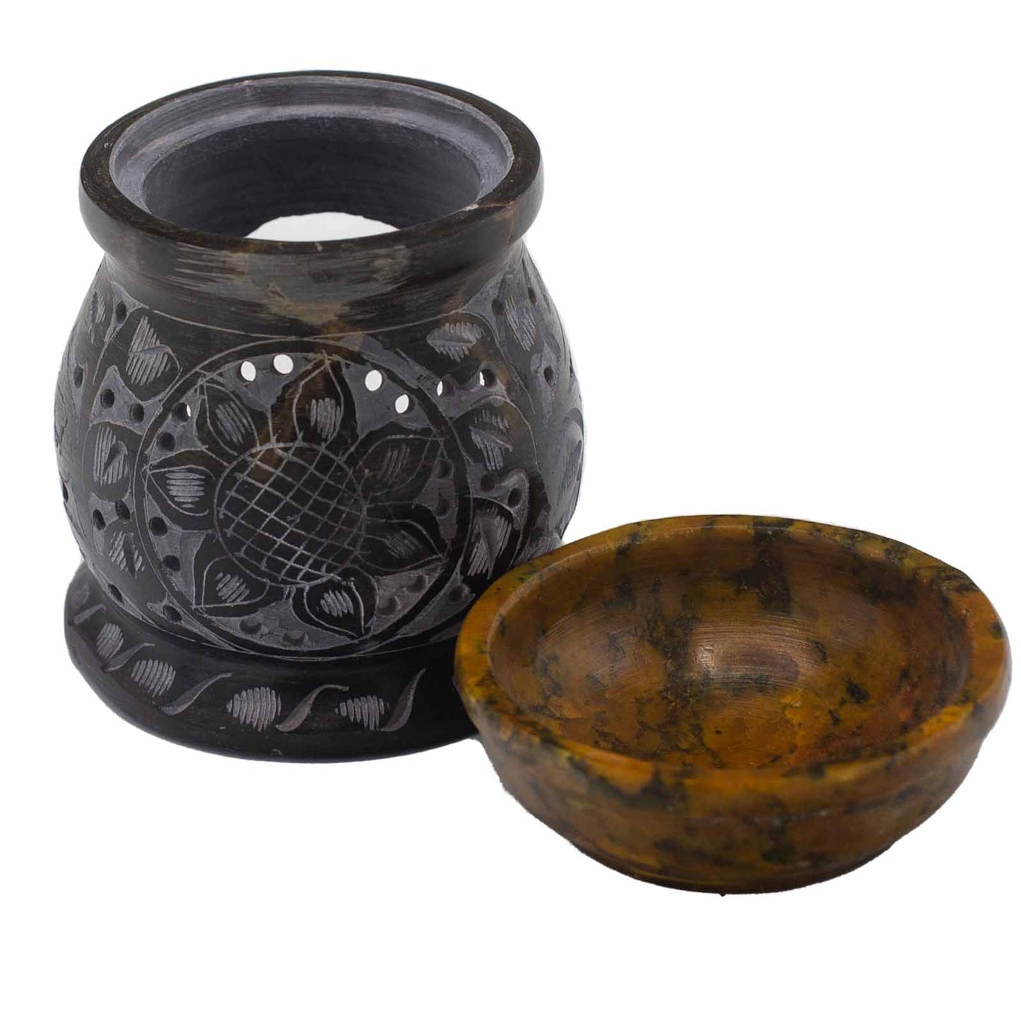 Mandala Flower Soapstone Oil Burner – Black & Yellow | For Wax Melts & Fragrance Oils