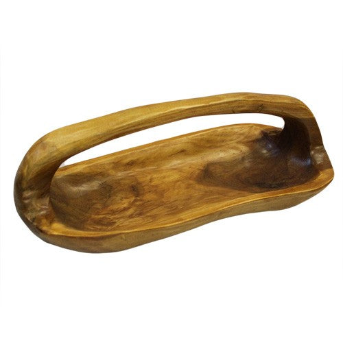 Natural Teak Root Wooden Bowl – Long with Handle | Hand-Carved Rustic Serving & Display Bowl