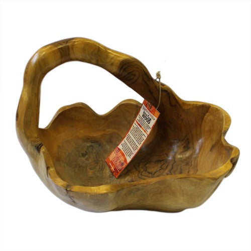 Natural Teak Root Wooden Bowl – Large Back Handle | Hand-Carved Rustic Serving & Display Bowl
