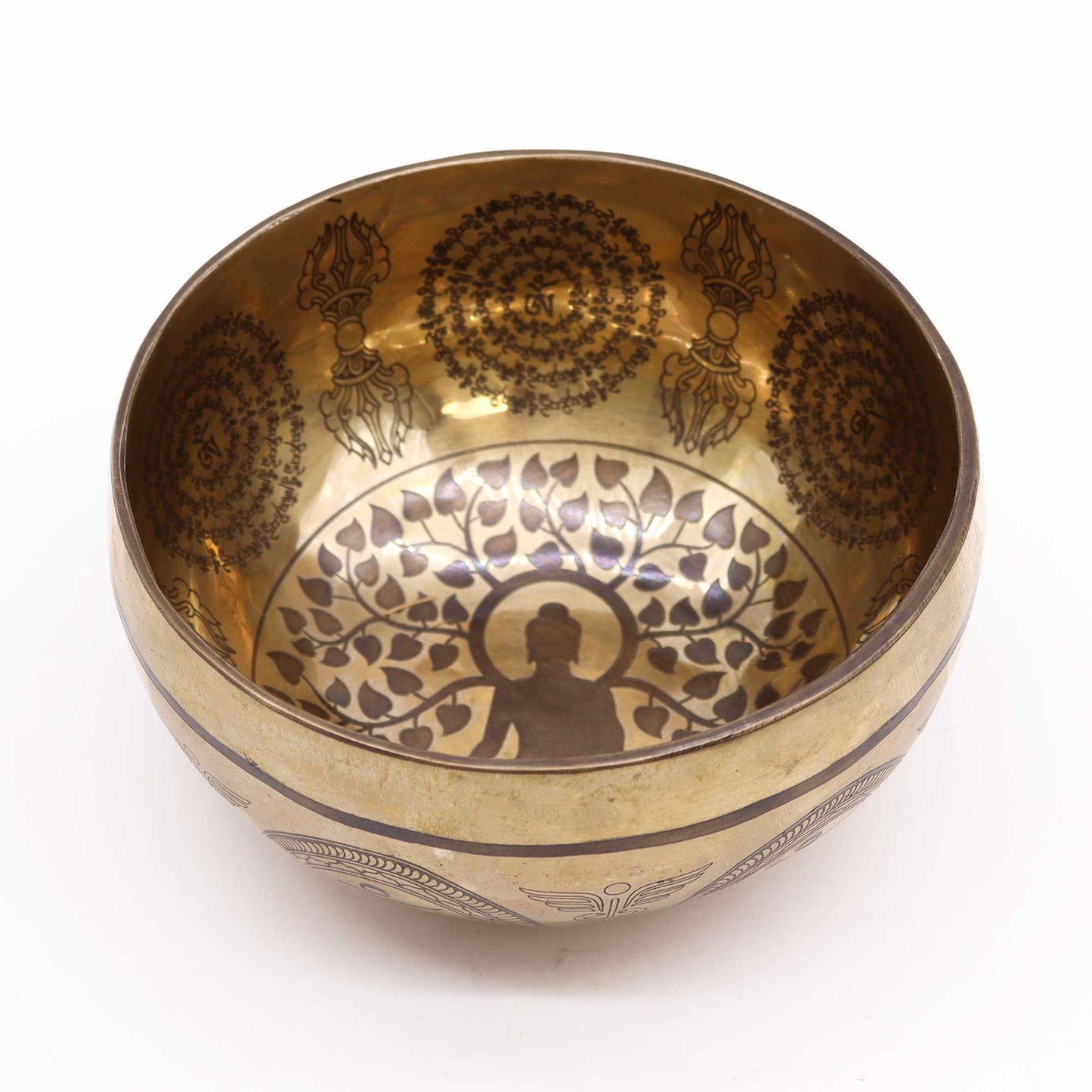 Tibetan Brass Healing Singing Bowl – Bodhi Tree Buddha (16cm) | Engraved, Resonant & Spiritually Empowering