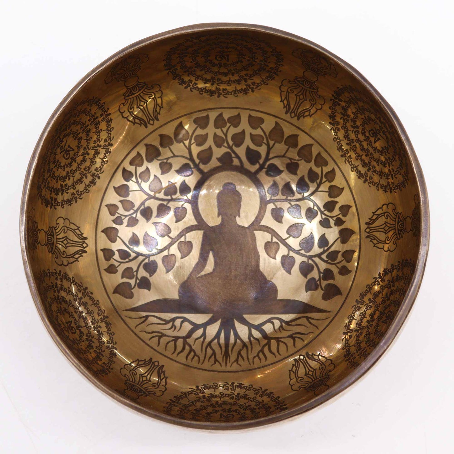 Tibetan Brass Healing Singing Bowl – Bodhi Tree Buddha (16cm) | Engraved, Resonant & Spiritually Empowering