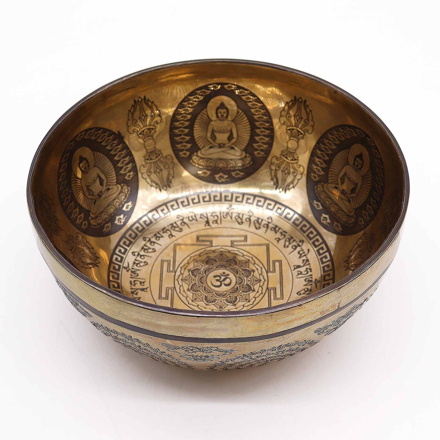 Tibetan Brass Healing Singing Bowl – Om & Buddha (21cm) | Engraved, Resonant & Handcrafted