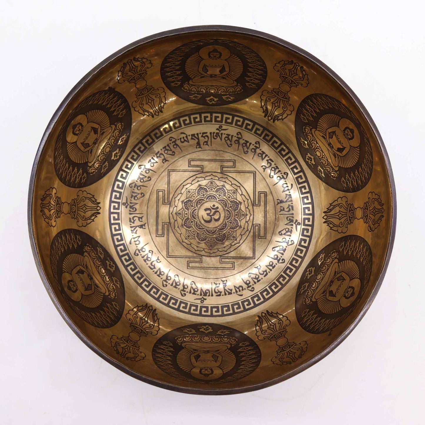 Tibetan Brass Healing Singing Bowl – Om & Buddha (21cm) | Engraved, Resonant & Handcrafted