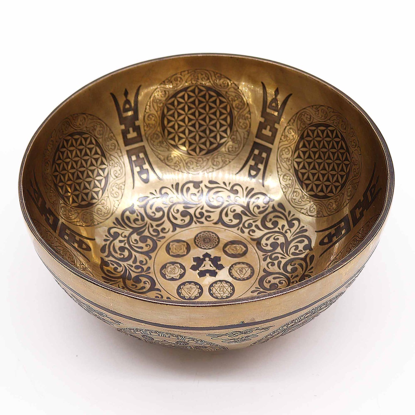 Tibetan Brass Healing Singing Bowl – 7 Chakras & Flower of Life (21cm) | Engraved, Resonant & Handcrafted