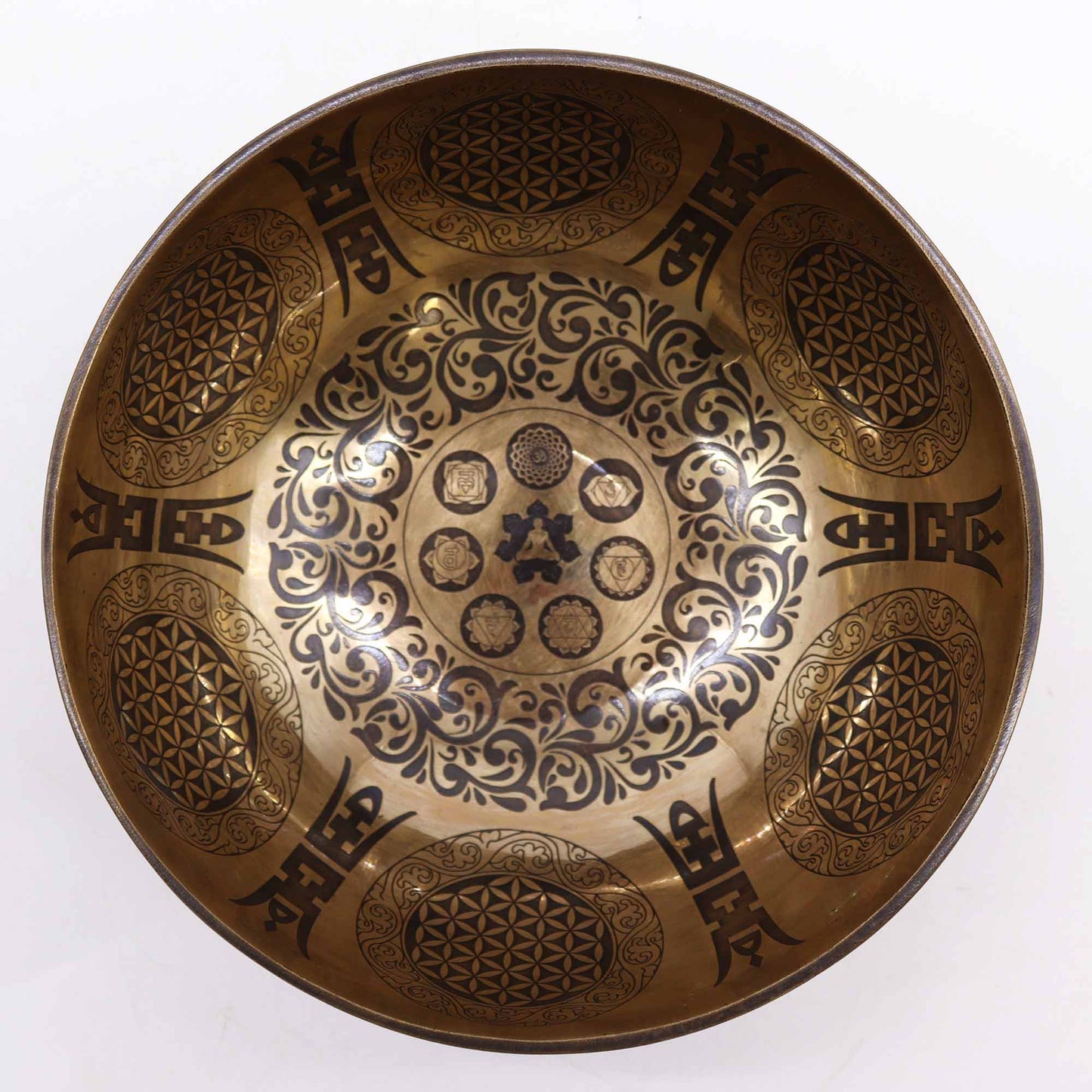 Tibetan Brass Healing Singing Bowl – 7 Chakras & Flower of Life (21cm) | Engraved, Resonant & Handcrafted