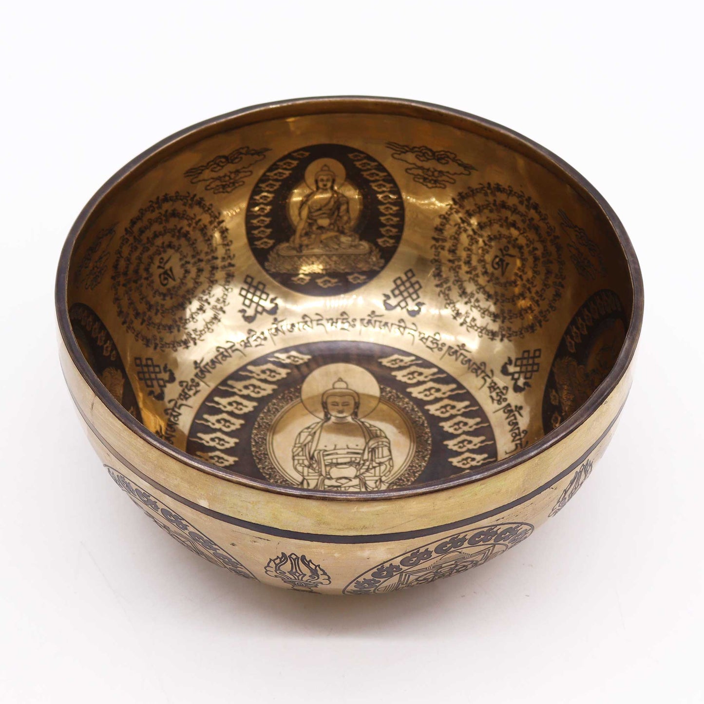 Tibetan Brass Healing Singing Bowl – 5 Buddhas (21cm) | Engraved, Resonant & Handcrafted