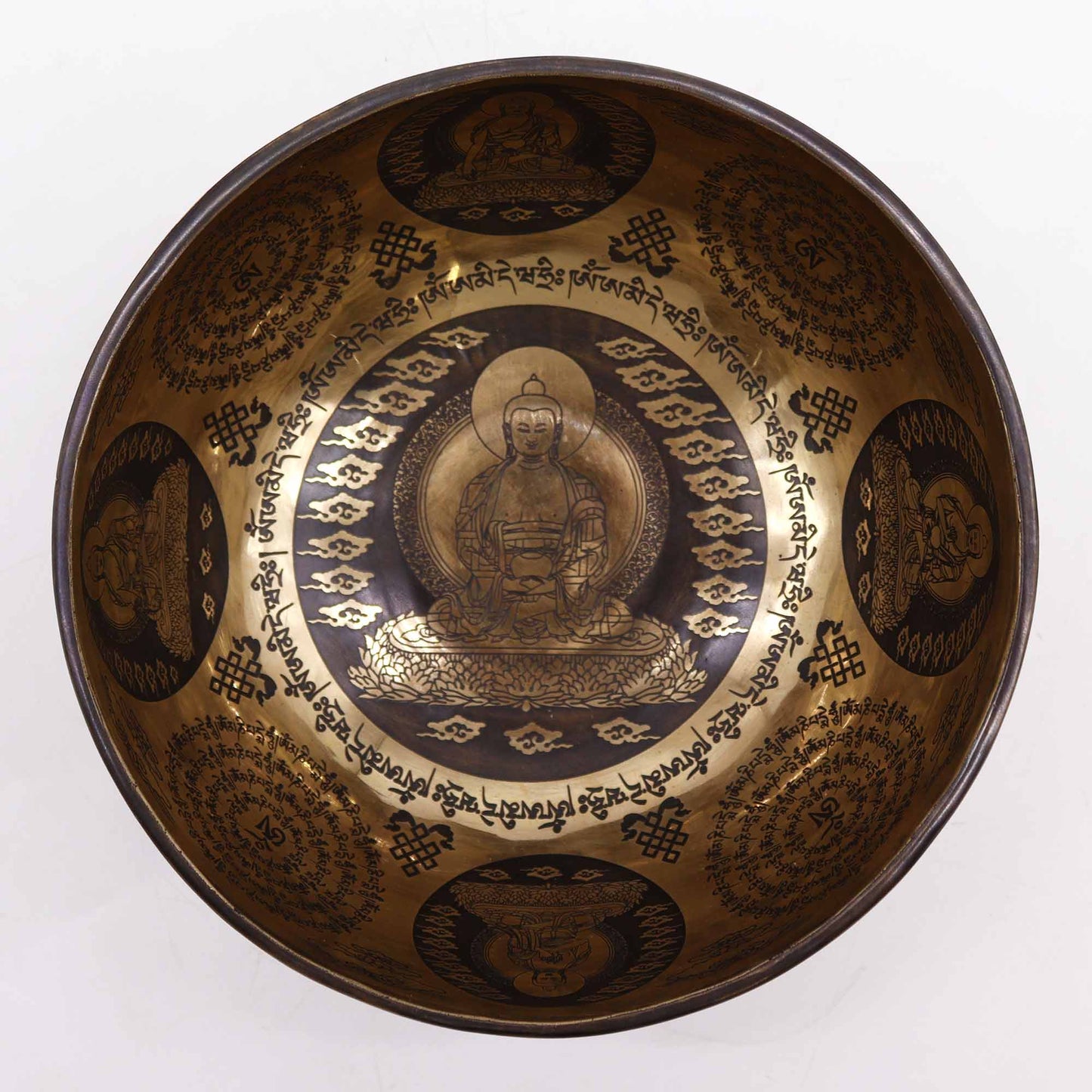 Tibetan Brass Healing Singing Bowl – 5 Buddhas (21cm) | Engraved, Resonant & Handcrafted