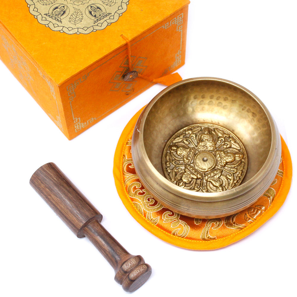 Tibetan Healing Singing Bowl Set – Five Buddhas (13cm) | Handcrafted Brass & Gift-Boxed