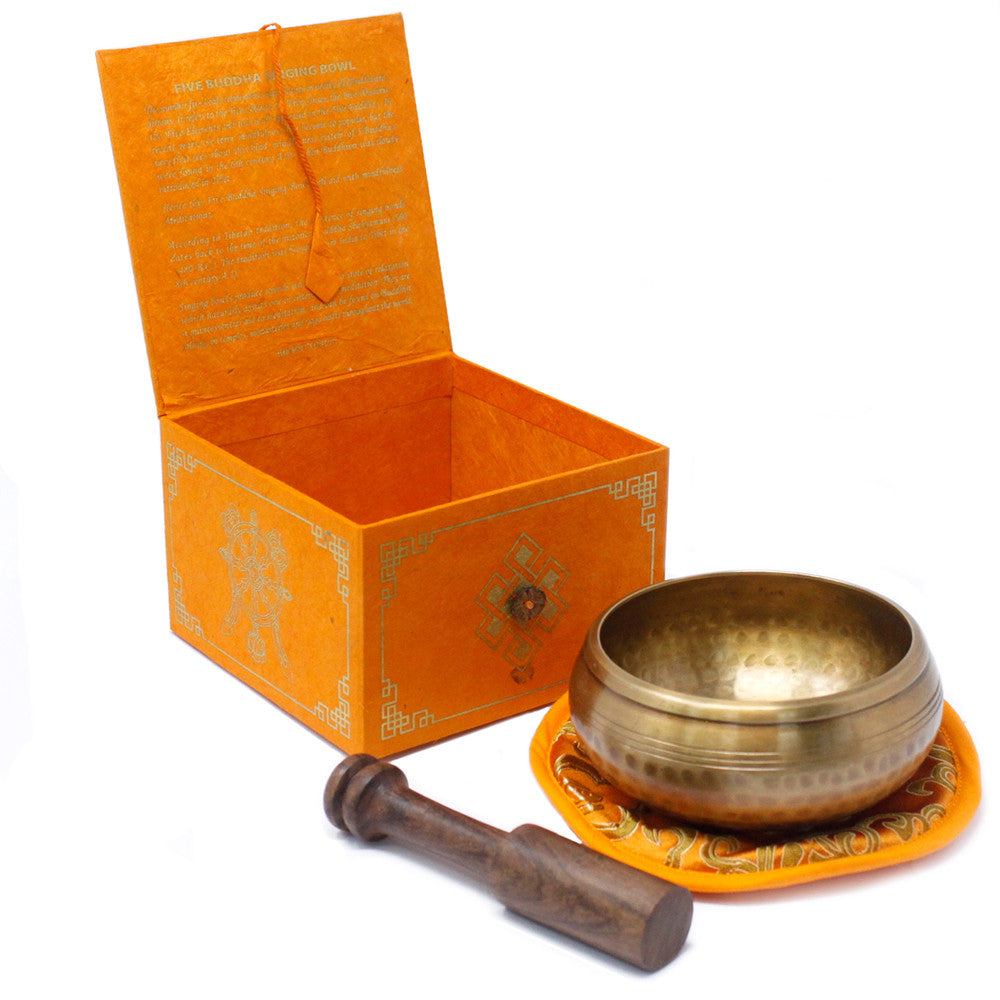 Tibetan Healing Singing Bowl Set – Five Buddhas (13cm) | Handcrafted Brass & Gift-Boxed