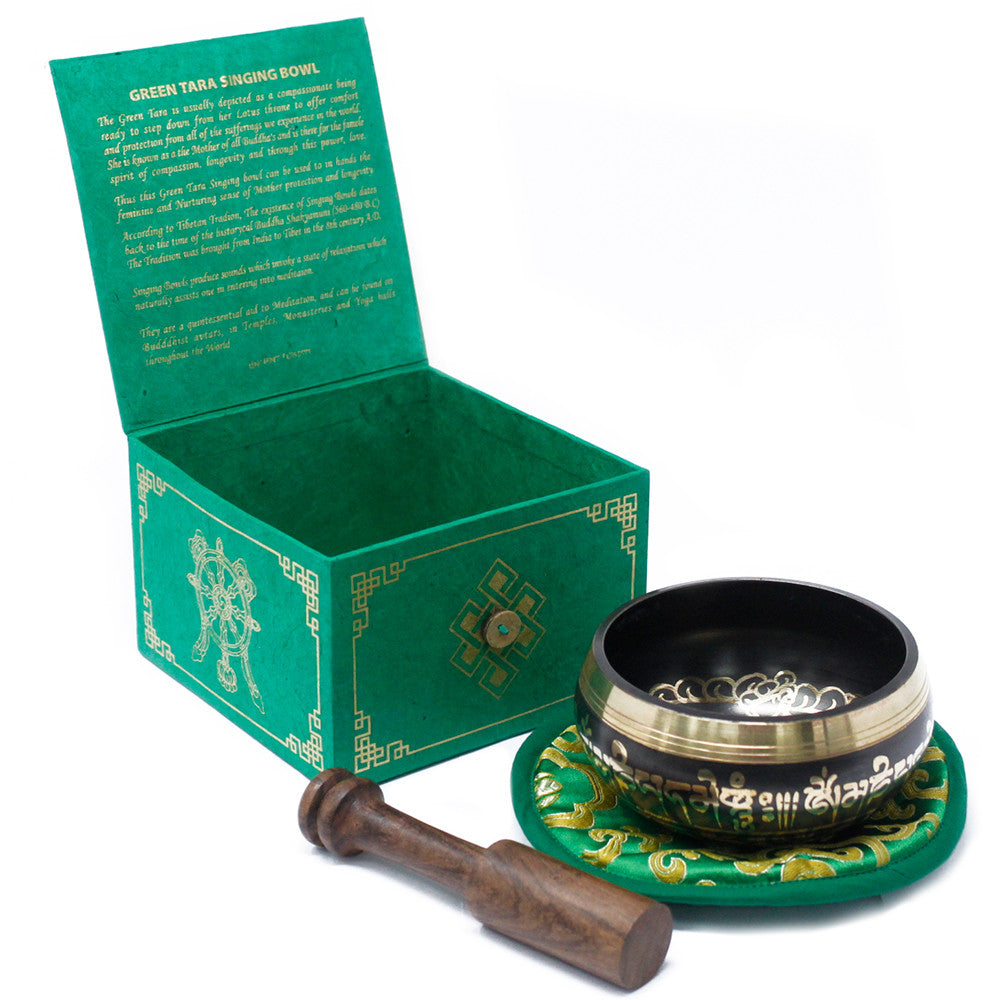Tibetan Healing Singing Bowl Set – Green Tara (13cm) | Handcrafted Brass & Gift-Boxed