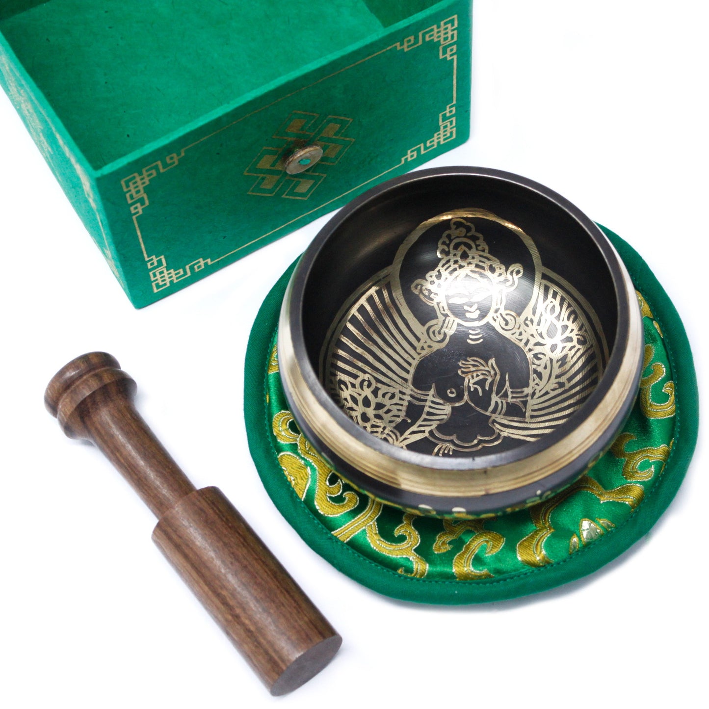 Tibetan Healing Singing Bowl Set – Green Tara (13cm) | Handcrafted Brass & Gift-Boxed
