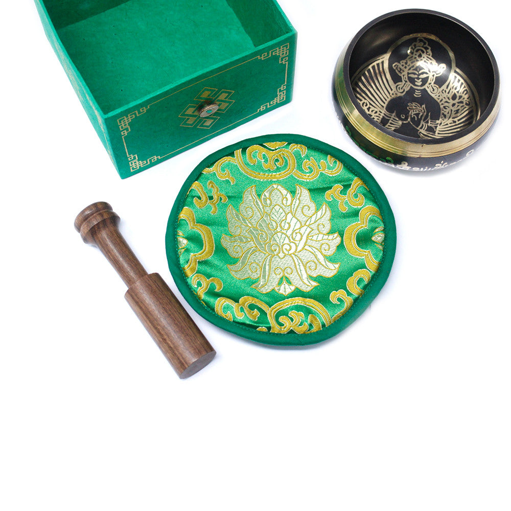 Tibetan Healing Singing Bowl Set – Green Tara (13cm) | Handcrafted Brass & Gift-Boxed