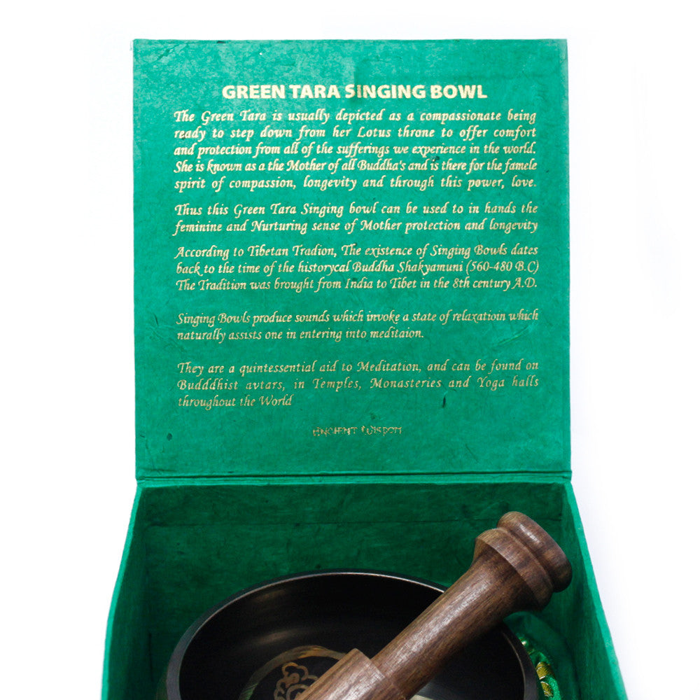 Tibetan Healing Singing Bowl Set – Green Tara (13cm) | Handcrafted Brass & Gift-Boxed