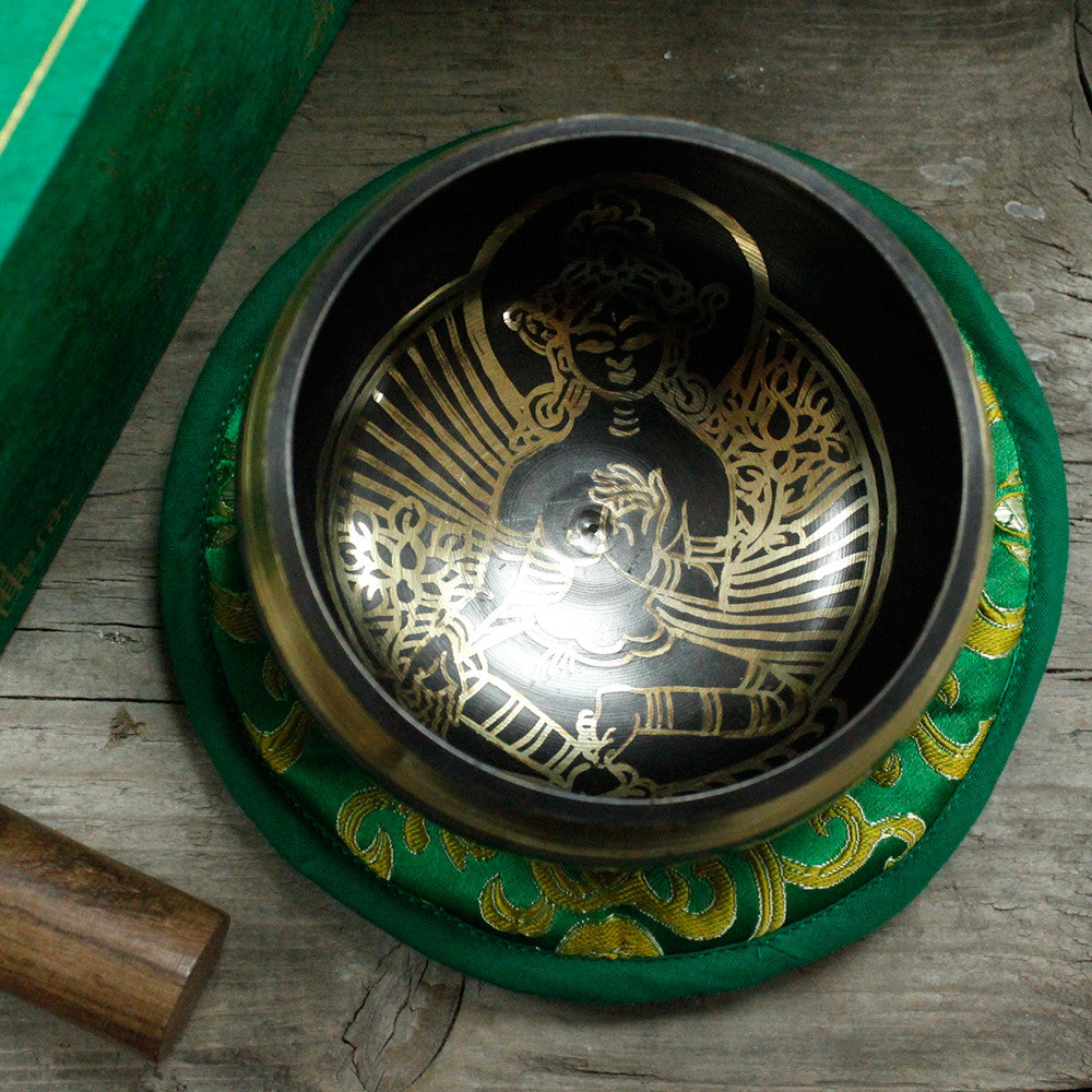 Tibetan Healing Singing Bowl Set – Green Tara (13cm) | Handcrafted Brass & Gift-Boxed