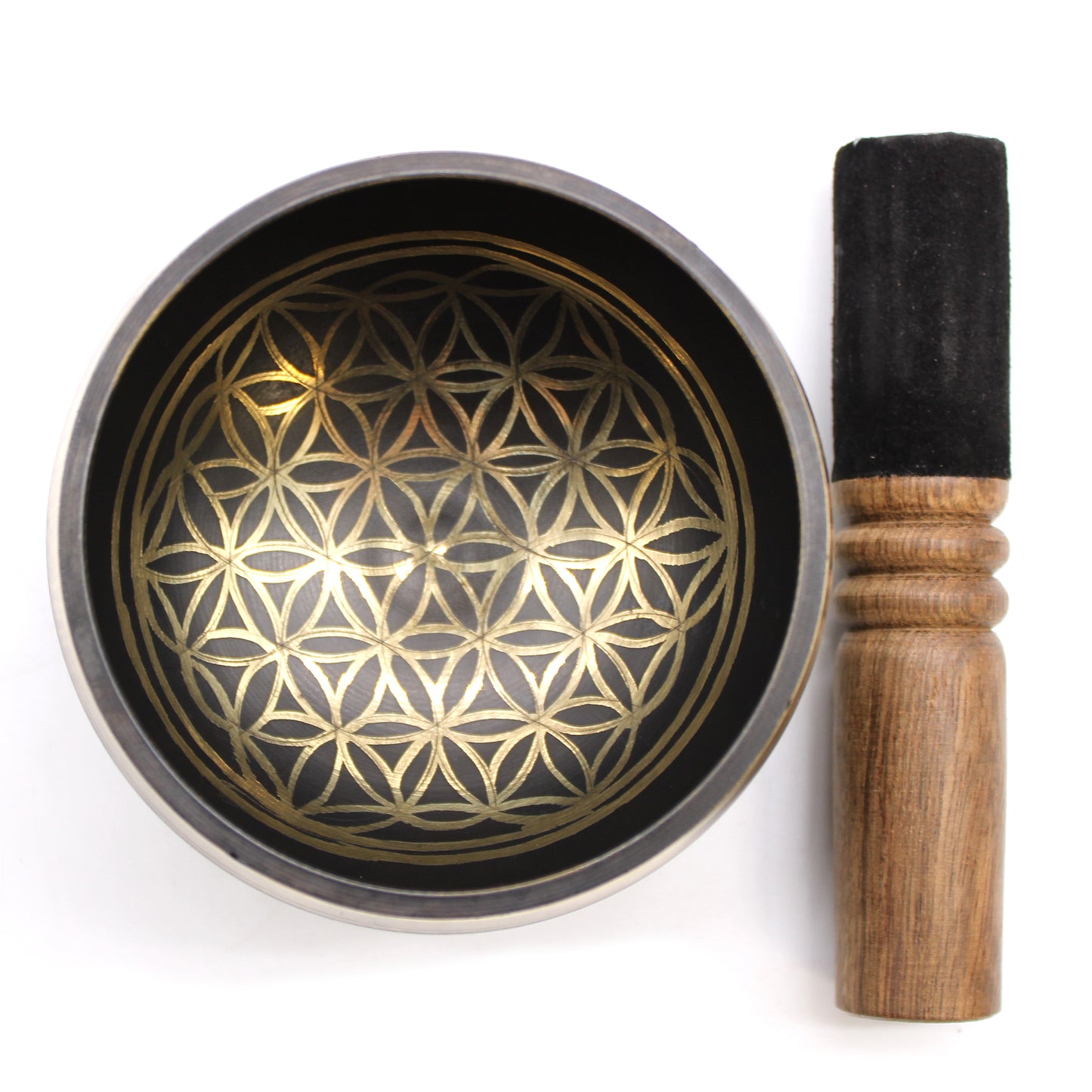 Black & Gold Brass Singing Bowl – Flower of Life (9cm) | High Tone for Clarity & Calm