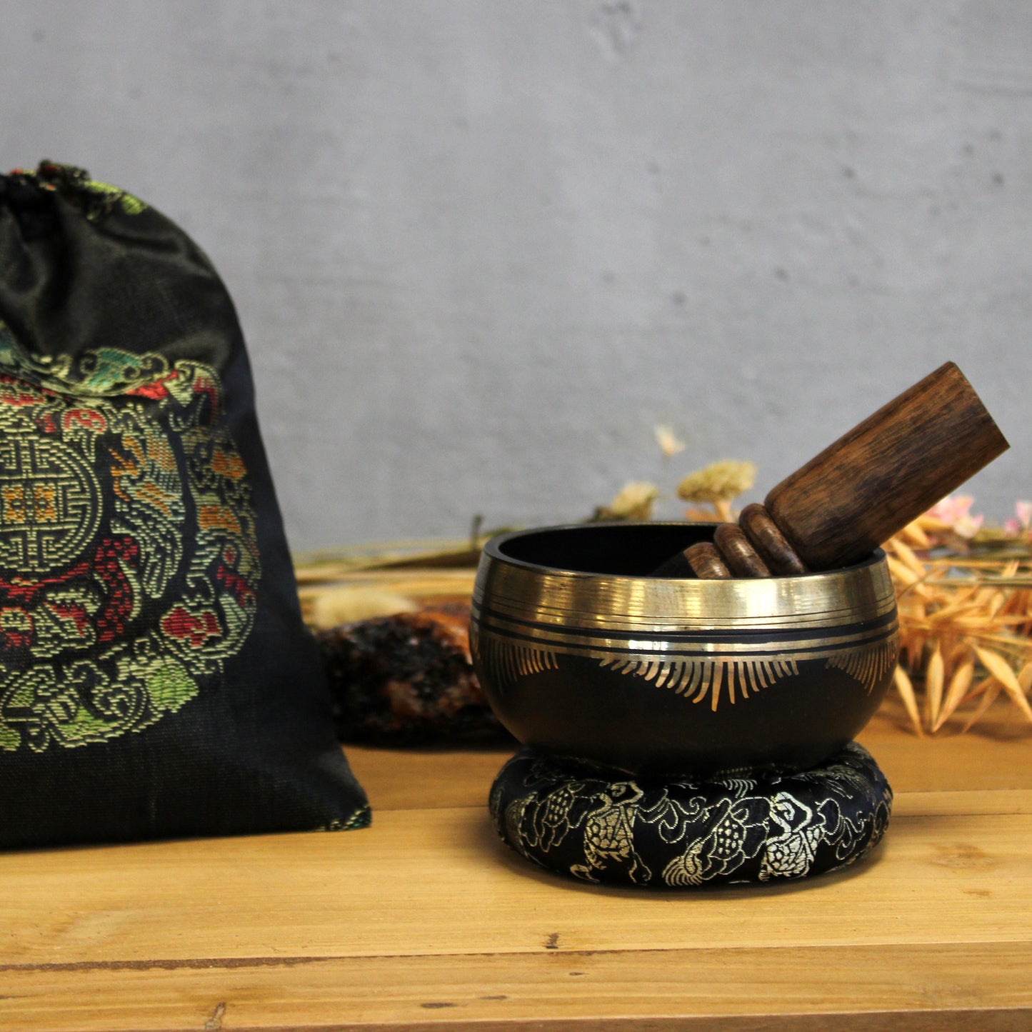 Black & Gold Brass Singing Bowl – Flower of Life (9cm) | High Tone for Clarity & Calm